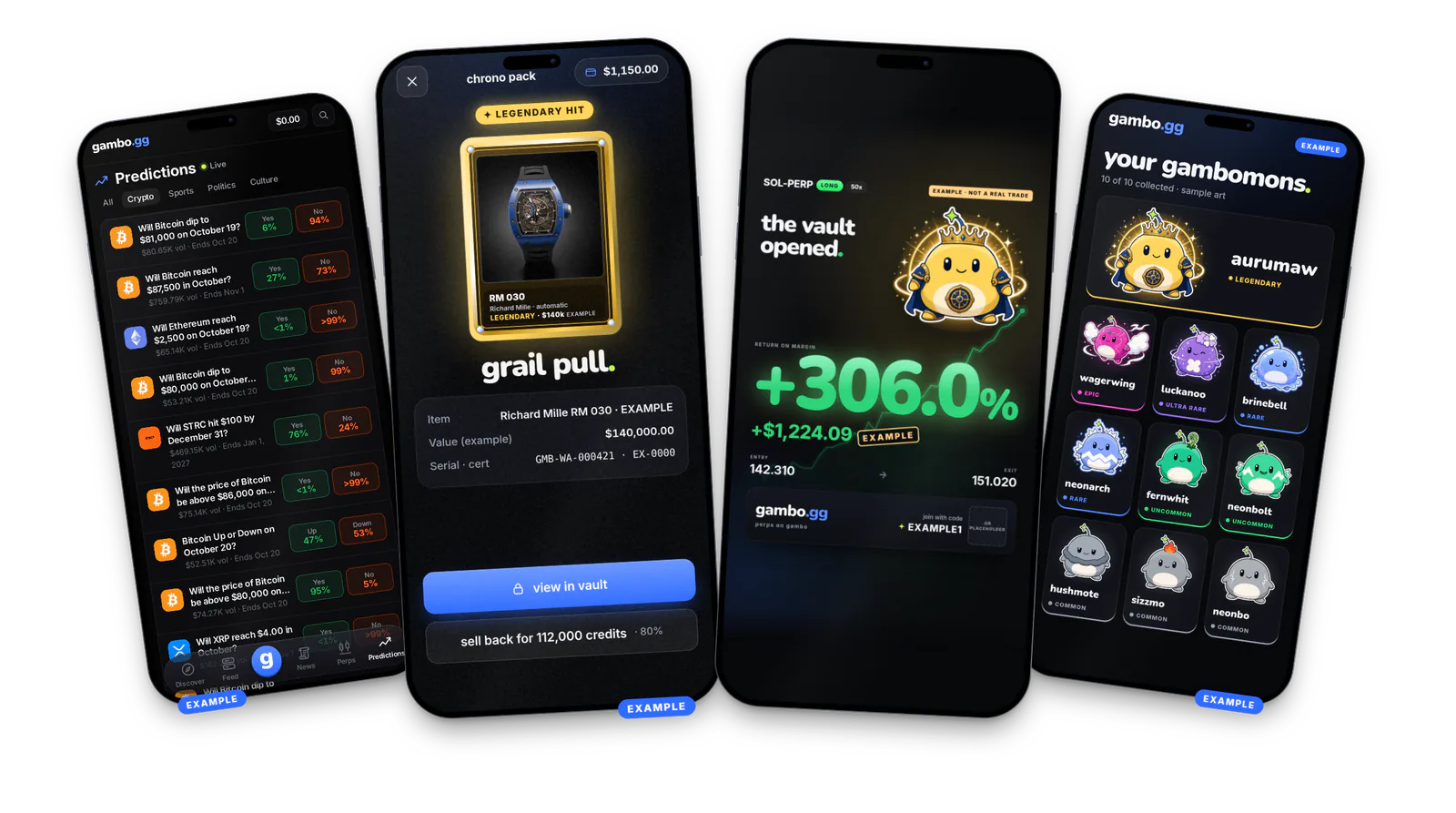 Four phones showing gambo: a Predictions list of crypto markets, a legendary pack rip reading "grail pull", a big-win perps PnL card with the gold aurumaw gambomon at +306.0%, and a gambomon collection of ten creatures. All numbers are examples.