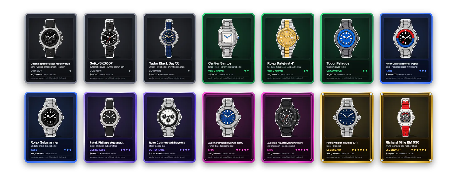 Fourteen cartoon watch cards in two rows, ordered from common to legendary, each framed in its rarity colour with an example value.