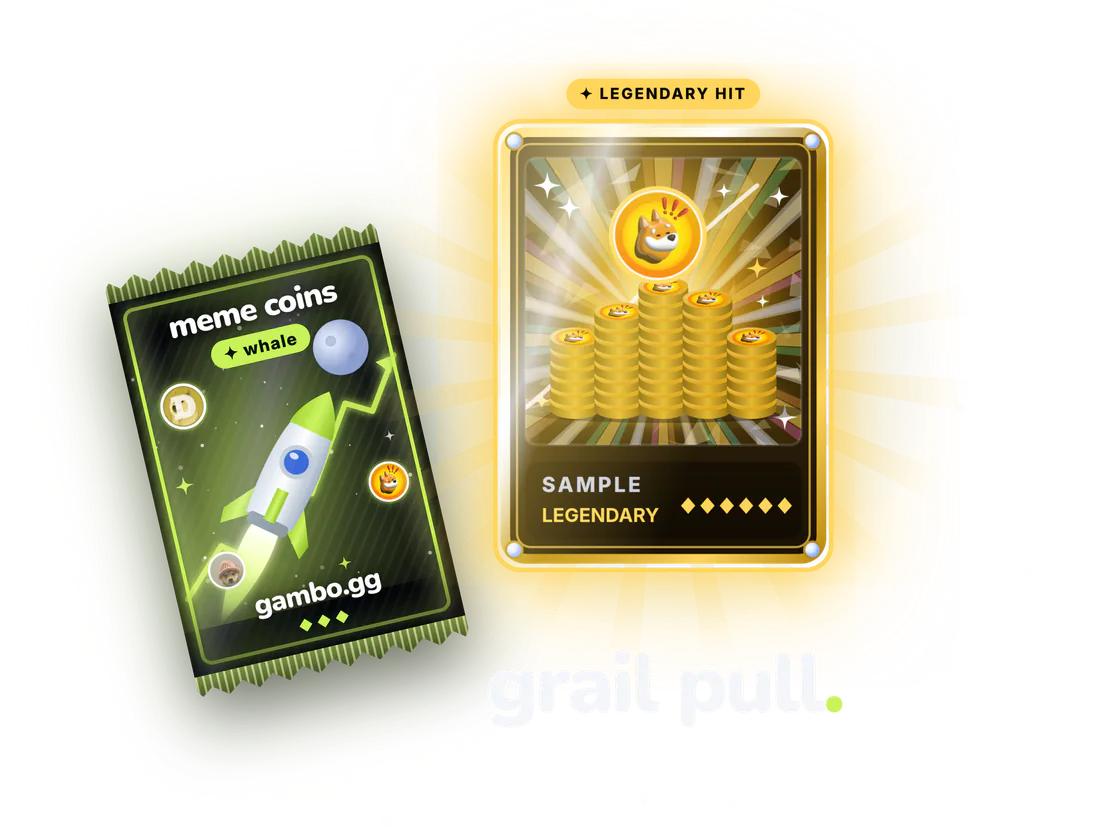 A torn-open meme coins whale pack beside its legendary hit: a gold-framed card with a stack of gold coins under a glowing token, labelled sample legendary, with the words "grail pull".